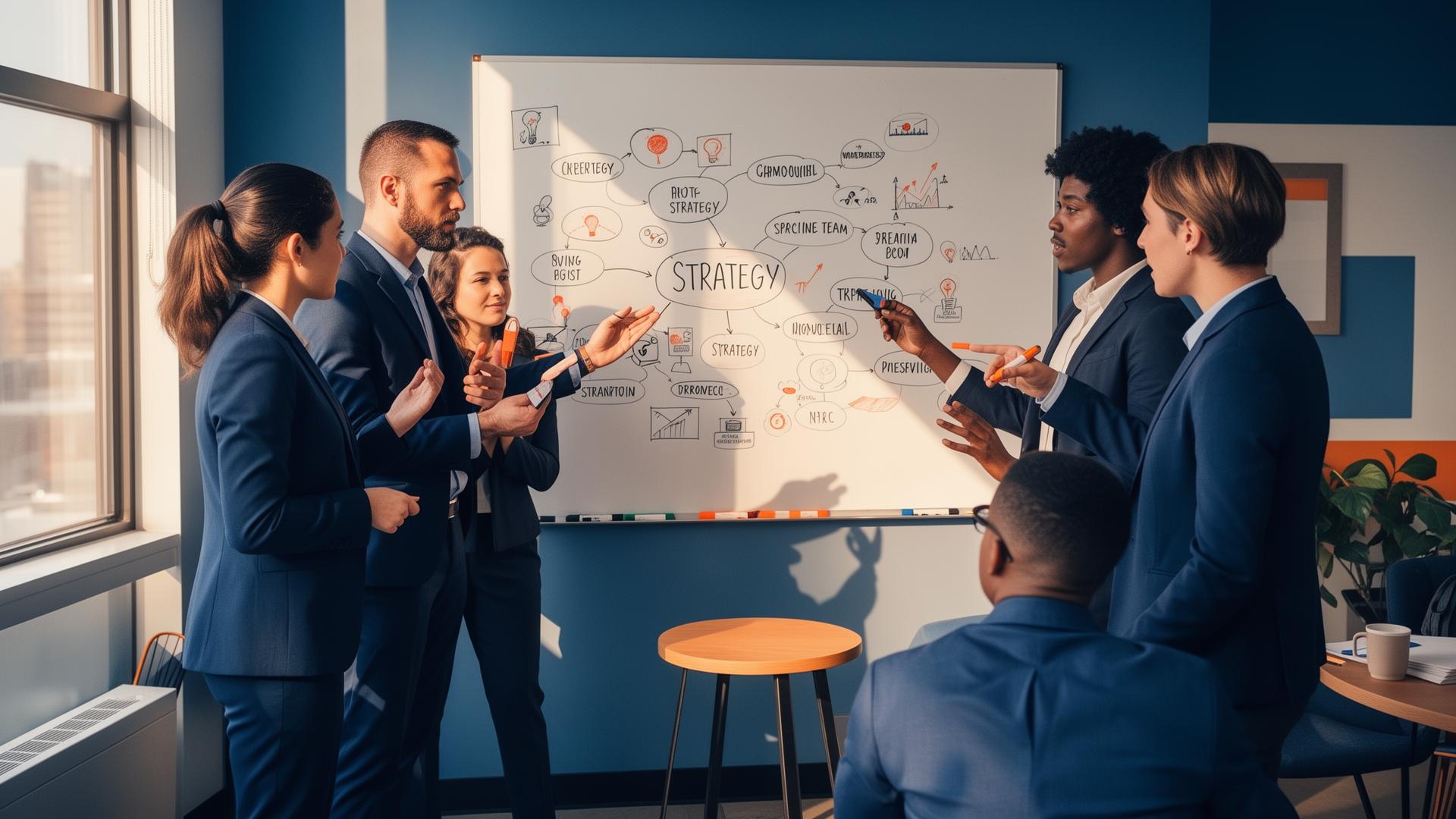 Business strategy team collaboration around a whiteboard