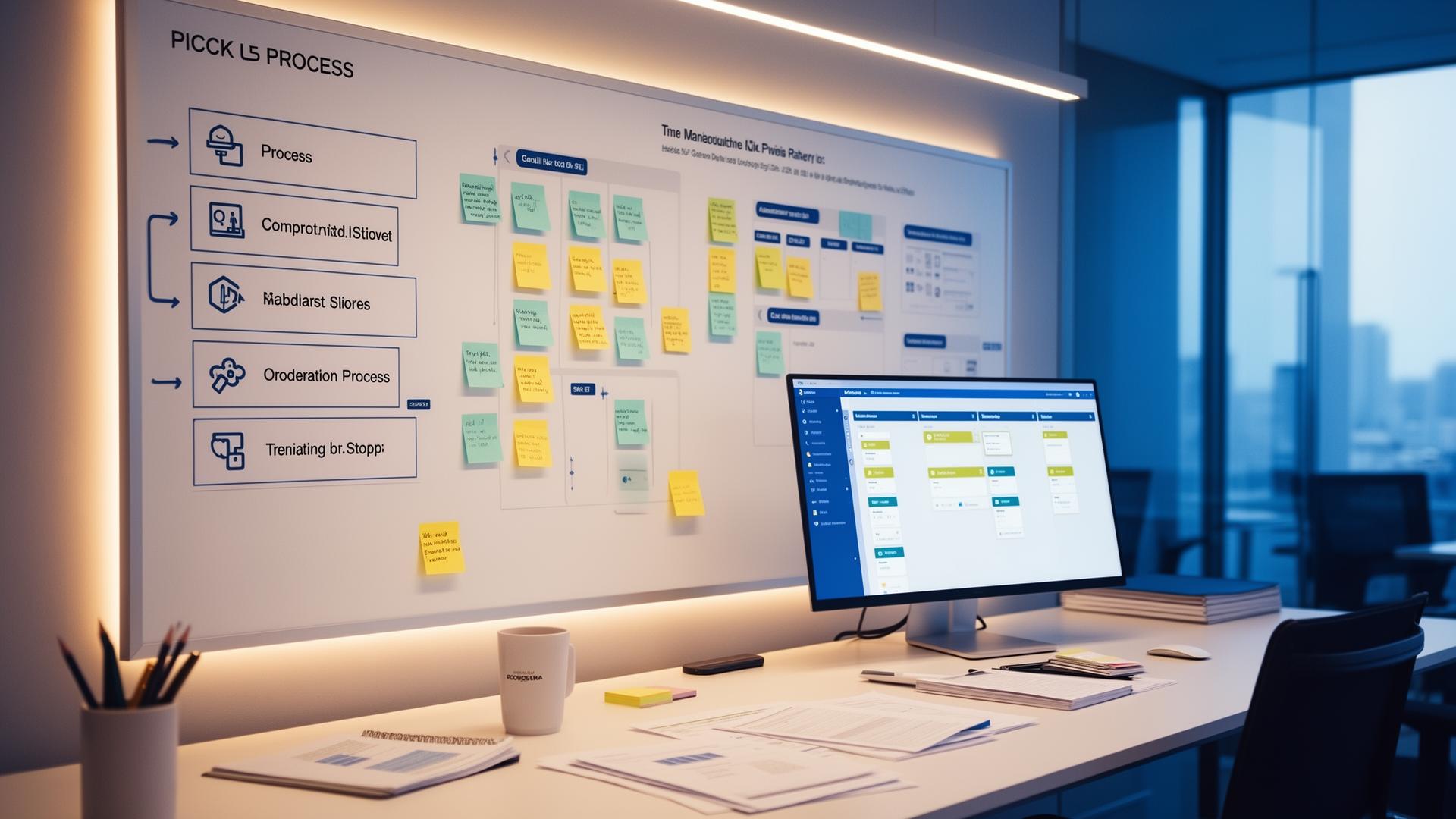 Structured workflow board with process steps and project management