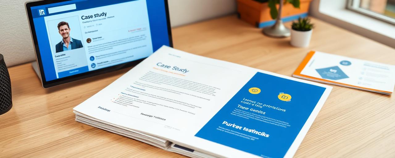 Sales collateral and case study documents laid out on a desk