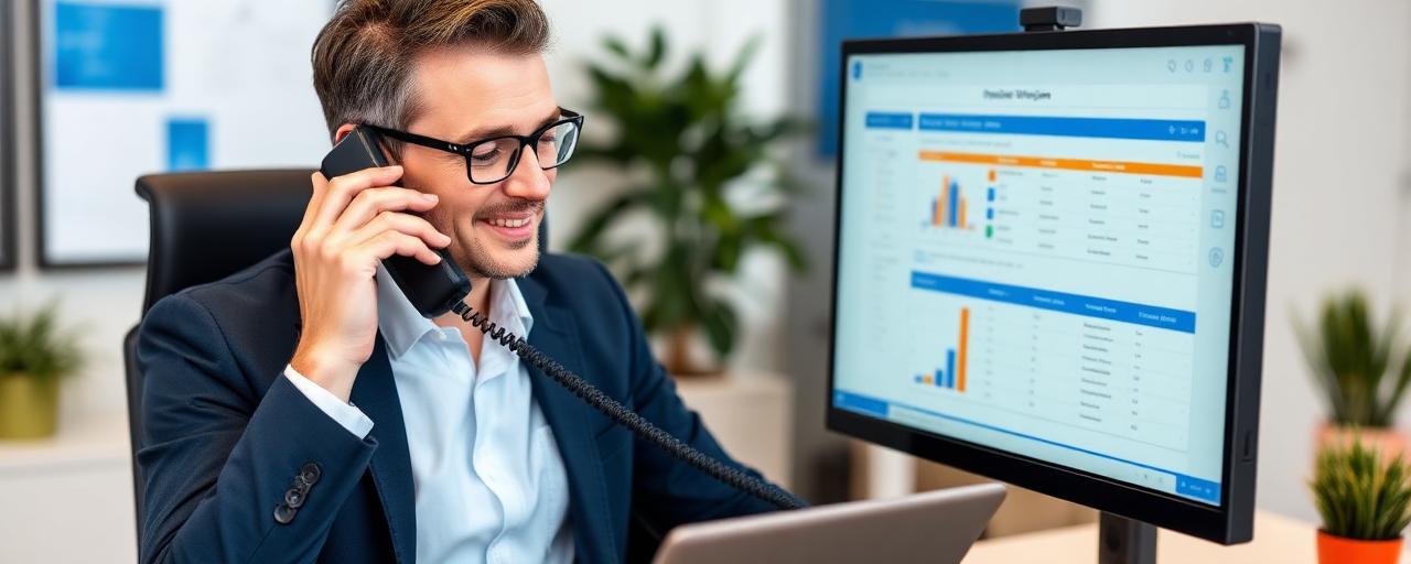 Sales professional on a call while reviewing an account plan on screen